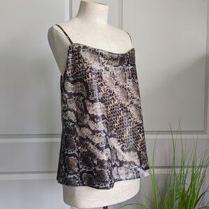 Elie Tahari Blouse Sleeveless Sequin Snake Print Draped Neck Truffle Black L NWT